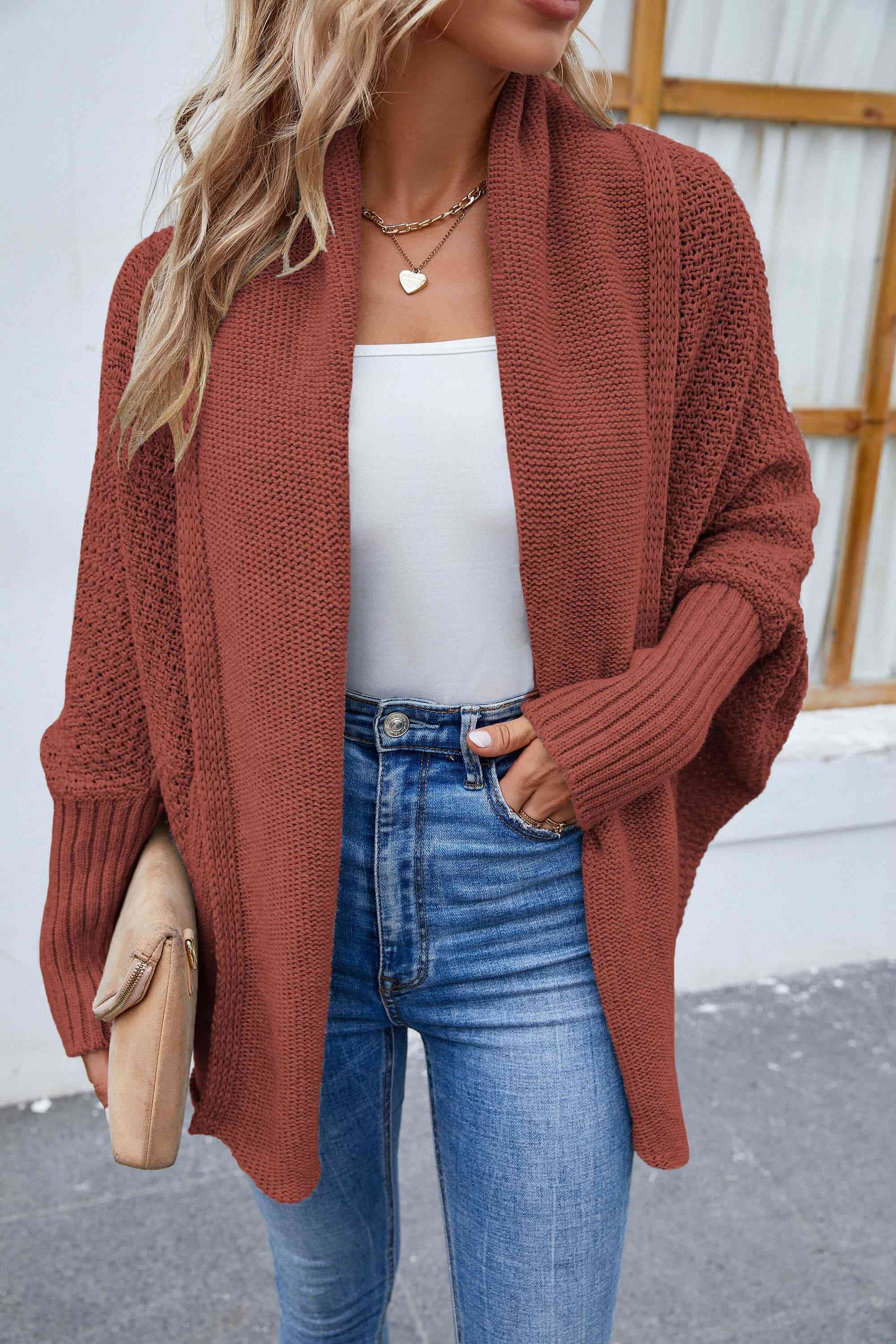 Open Front Long Sleeve Cardigan - TRENDMELO