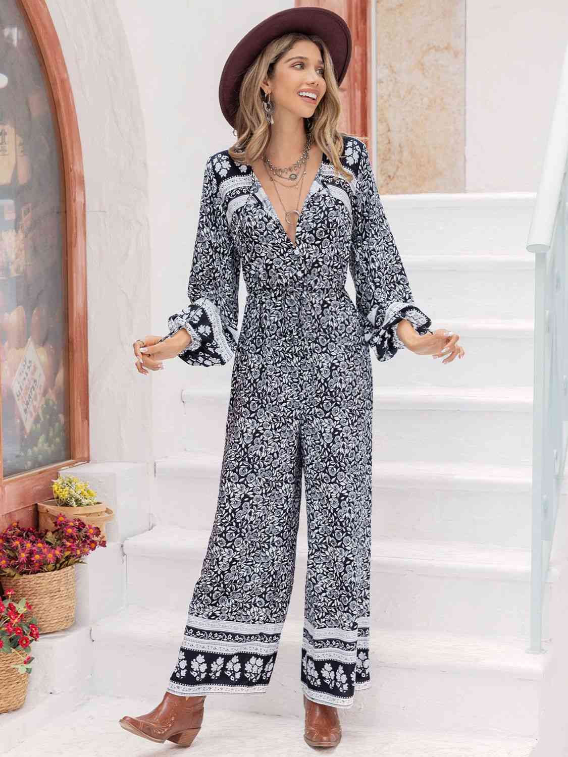 Printed Long Sleeve Wide Leg Jumpsuit - TRENDMELO