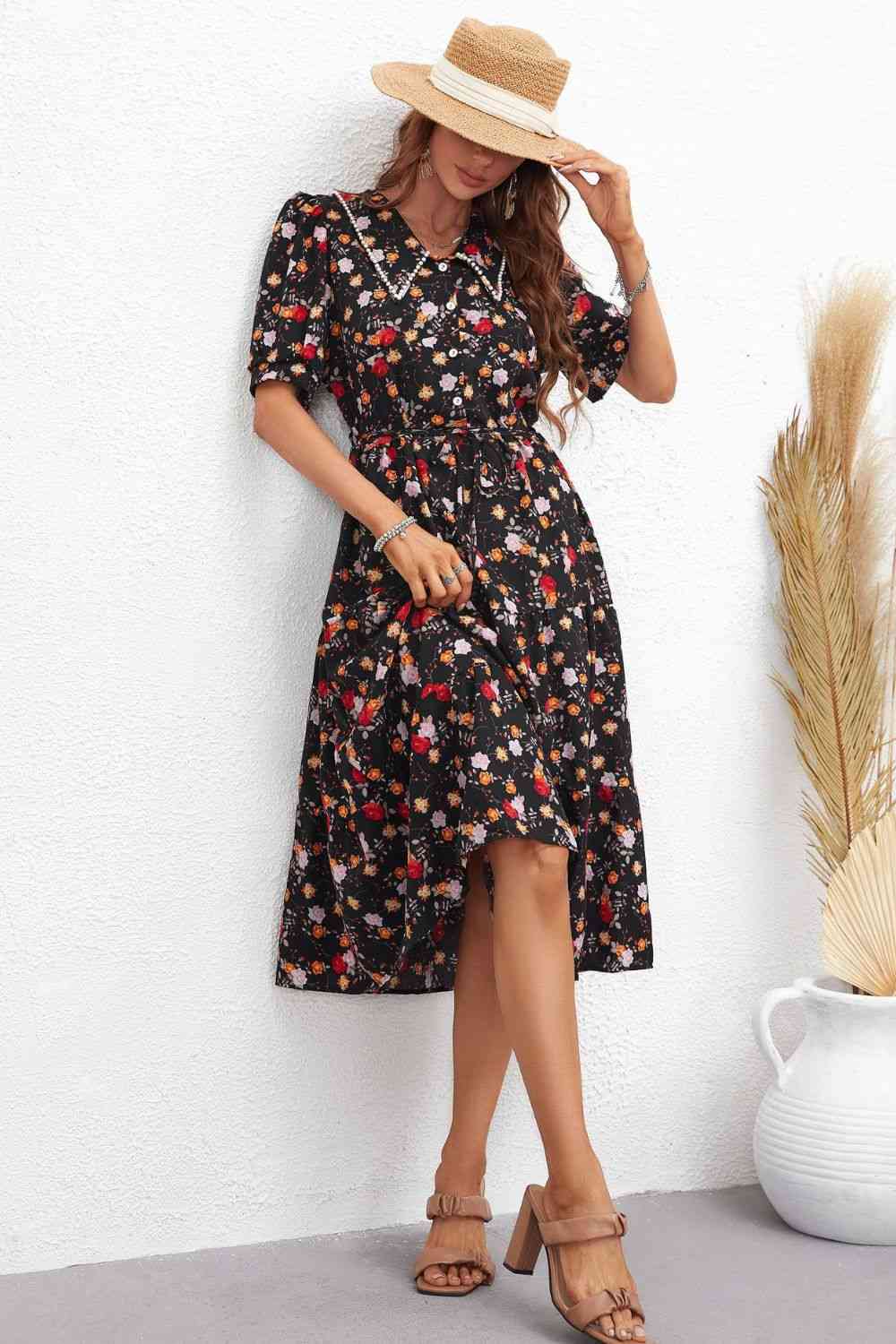 Floral Collared Neck Puff Sleeve Dress - TRENDMELO