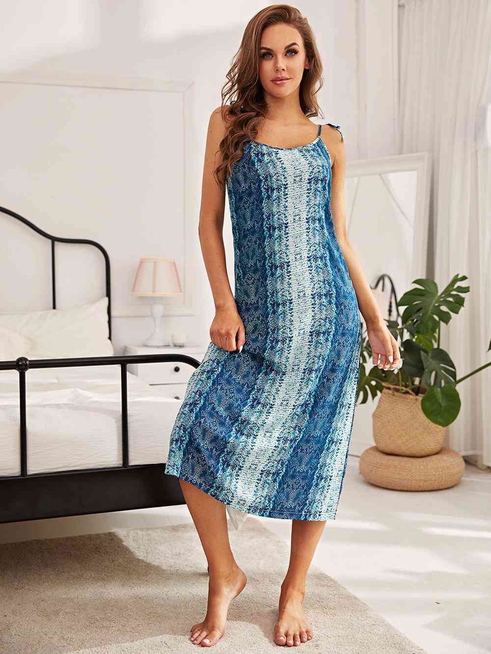 Printed Tie Shoulder Midi Night Dress - TRENDMELO