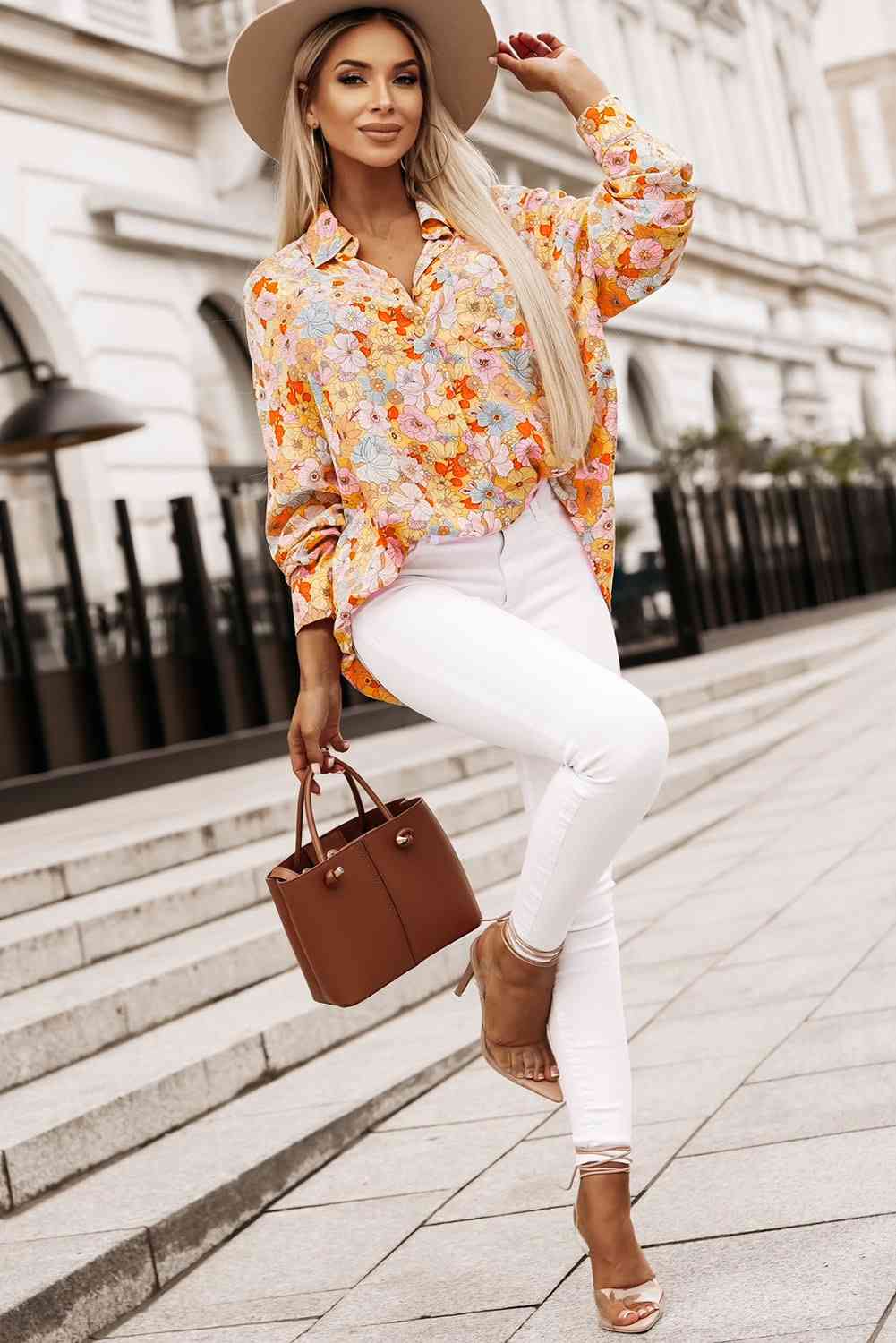 Floral Collared Neck Long Sleeve Shirt - TRENDMELO