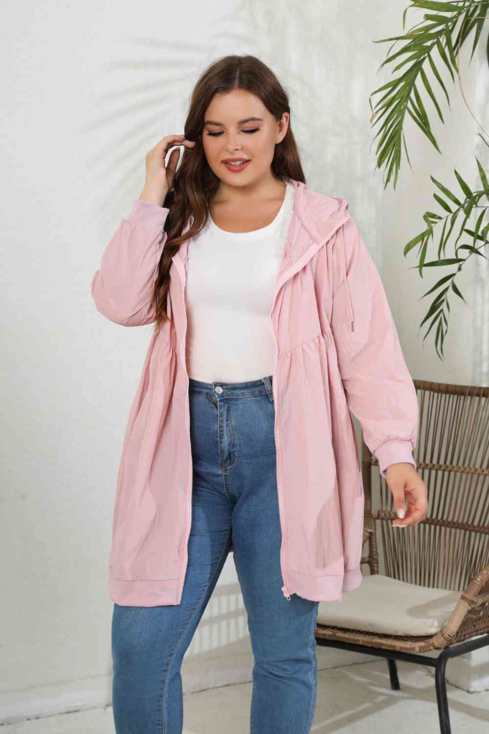 Plus Size Zip-Up Longline Hooded Jacket - TRENDMELO