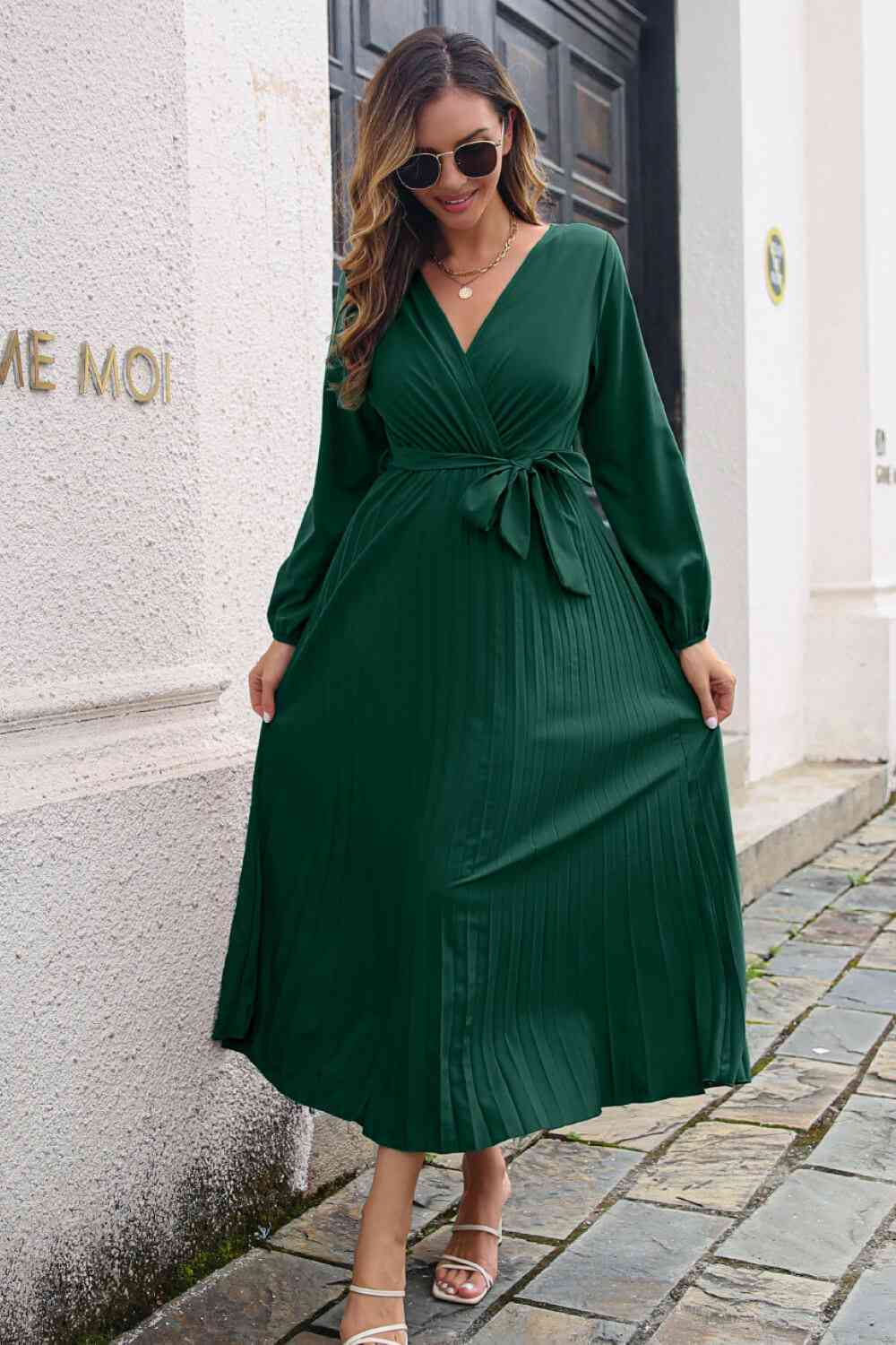 Pleated Long Sleeve Surplice Maxi Dress - TRENDMELO