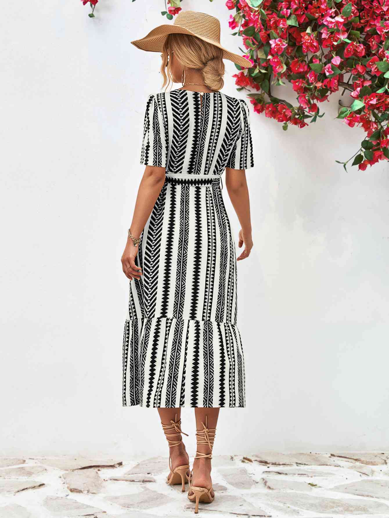 Striped Tie Belt Round Neck Puff Sleeve Dress - TRENDMELO