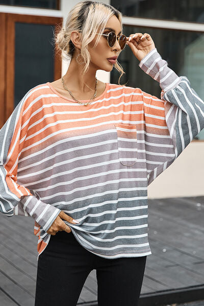 Pocketed Striped Round Neck Batwing Sleeve T-Shirt - TRENDMELO