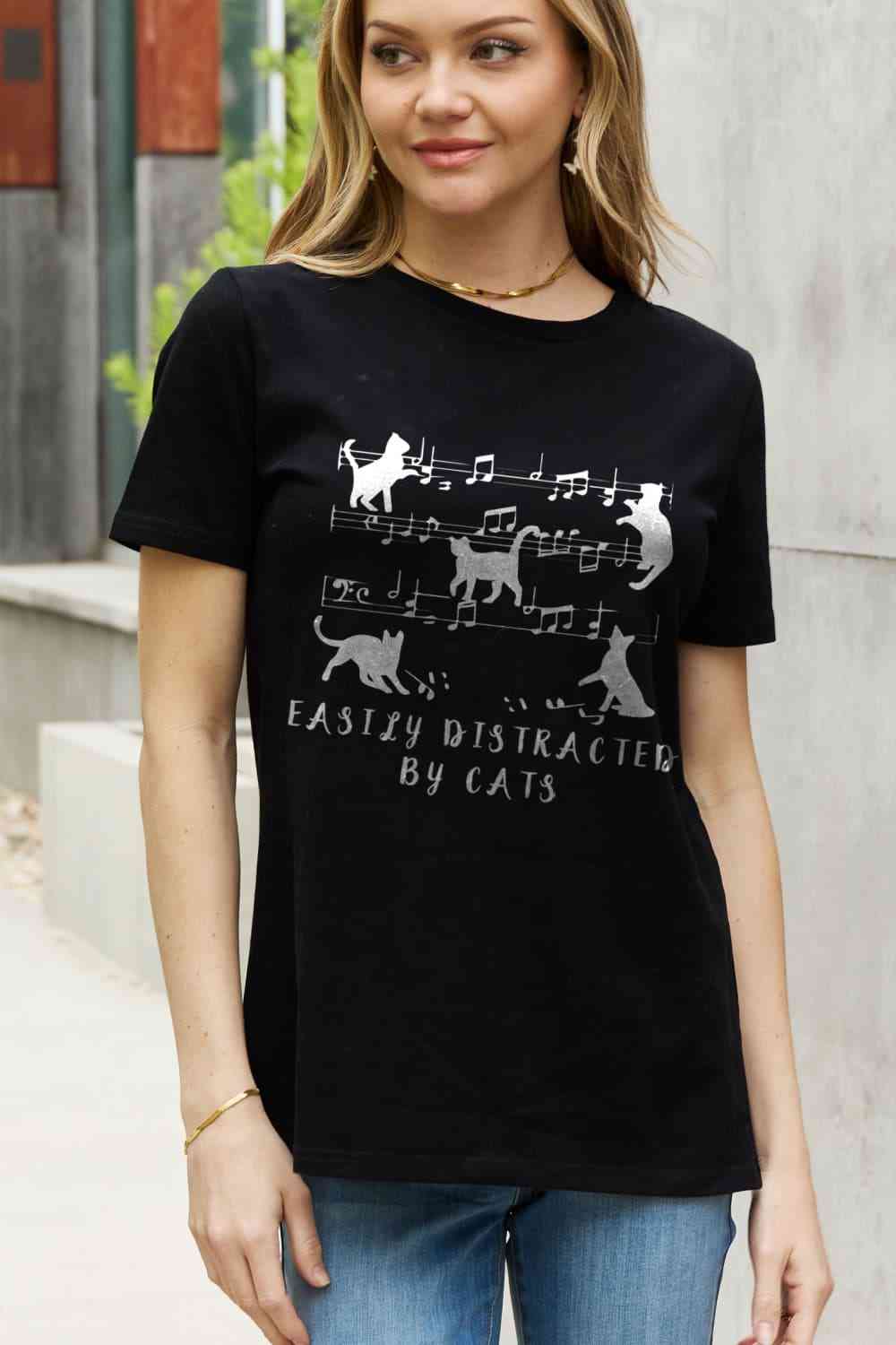 Simply Love Full Size EASILY DISTRACTED BY CATS Graphic Cotton Tee - TRENDMELO