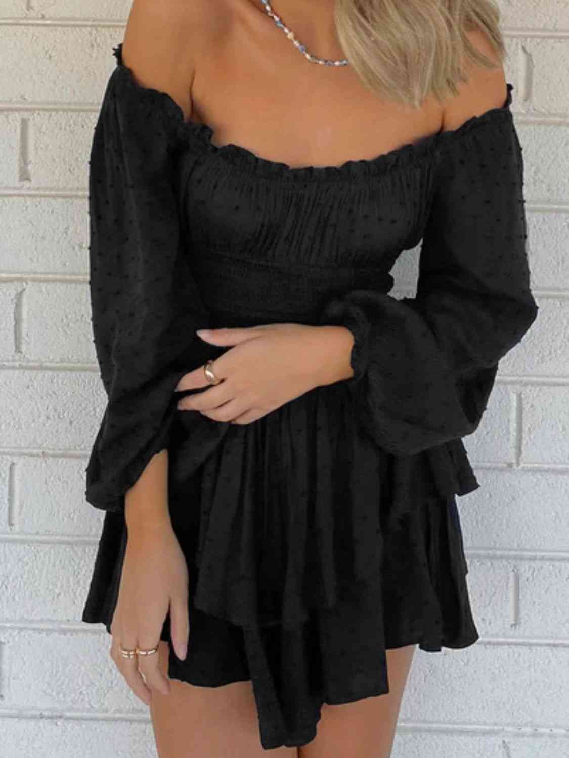 Off Shoulder Smocked Waist Romper - TRENDMELO