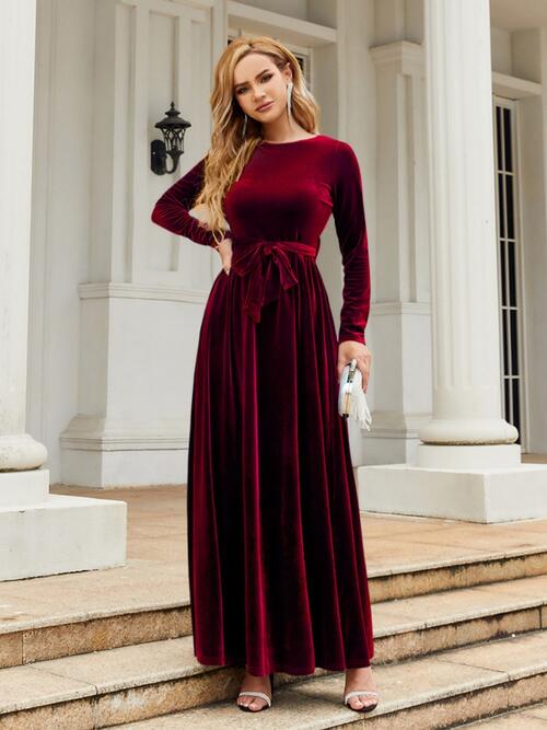 Tie Front Round Neck Long Sleeve Maxi Dress - TRENDMELO