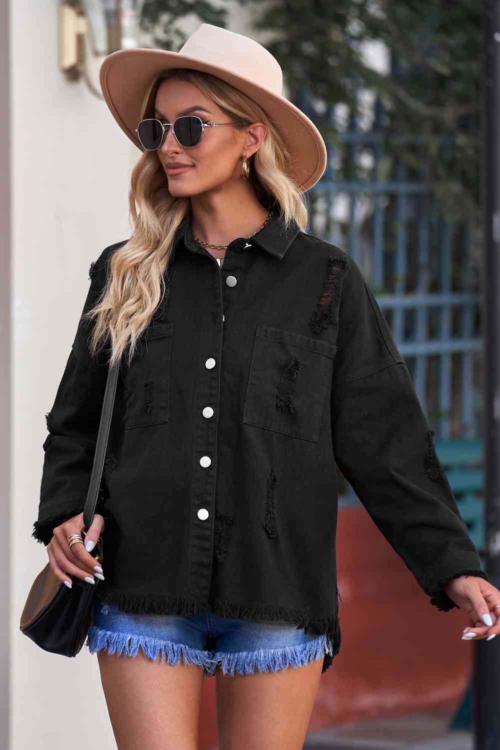 Double Take Distressed Fringe Trim Button Up Jacket - TRENDMELO