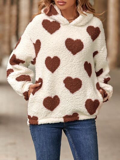 Fuzzy Heart Pocketed Dropped Shoulder Hoodie - TRENDMELO