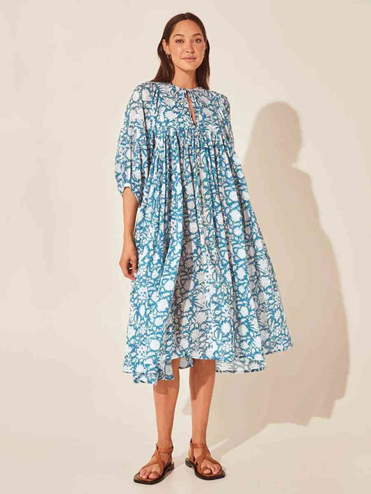 Floral Tie Neck Lantern Sleeve Dress - TRENDMELO