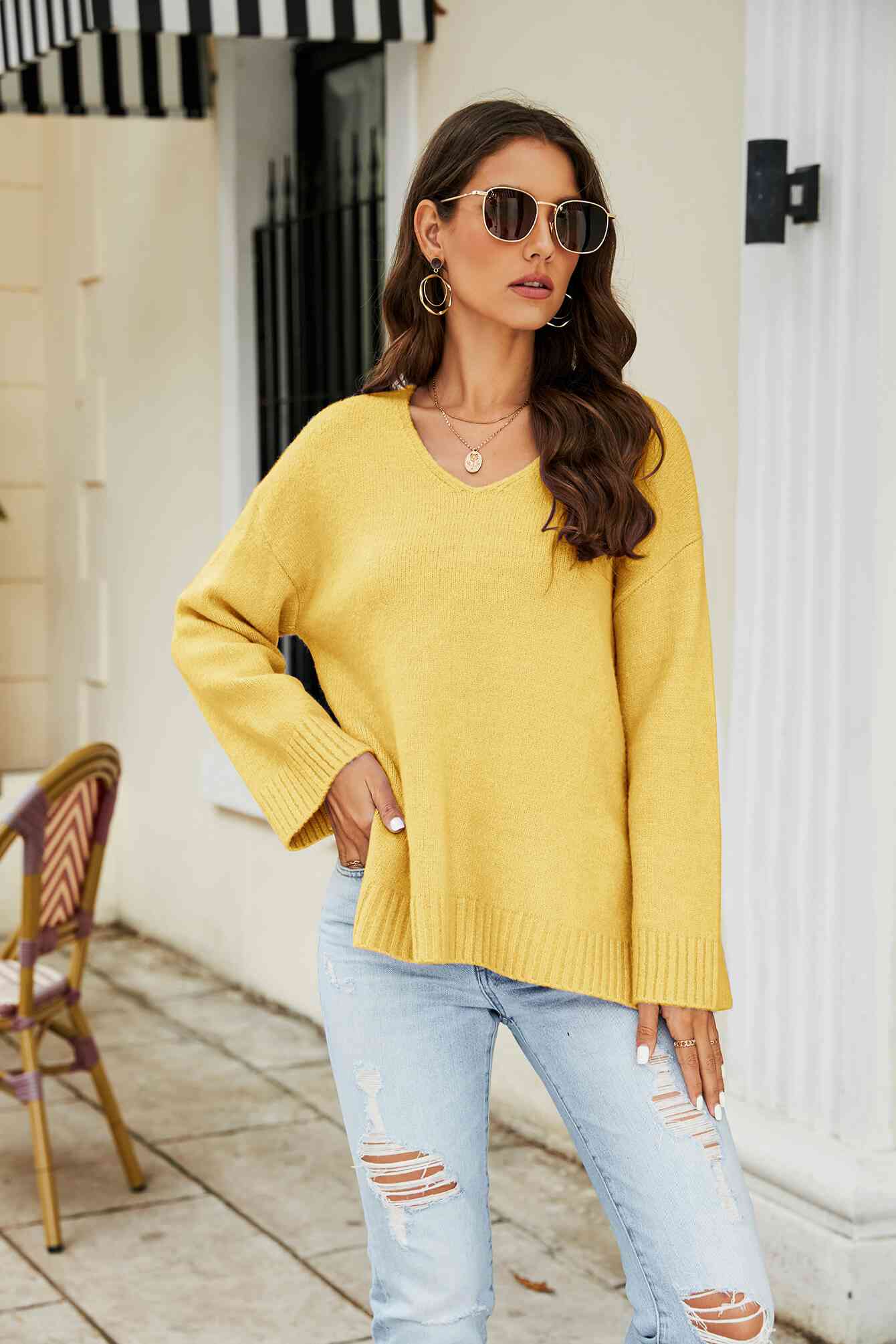 Drop Shoulder V-Neck Knit Pullover - TRENDMELO