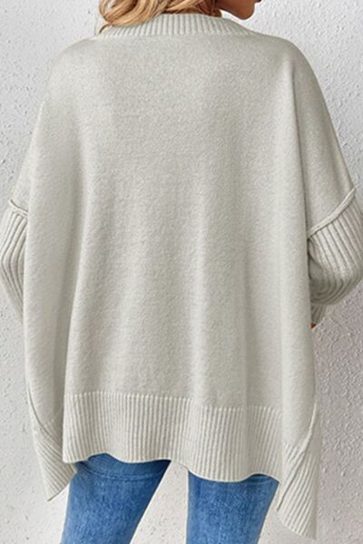 Slit V-Neck Dropped Shoulder Sweater - TRENDMELO