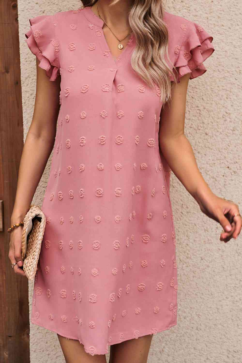 Swiss Dot Notched Neck Flutter Sleeve Dress - TRENDMELO