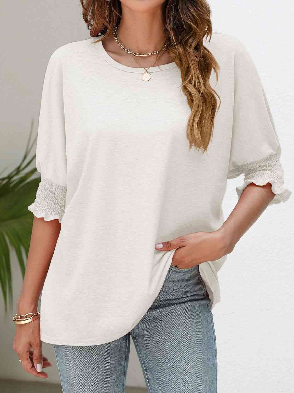 Smocked Flounce Sleeve Round Neck T-Shirt - TRENDMELO