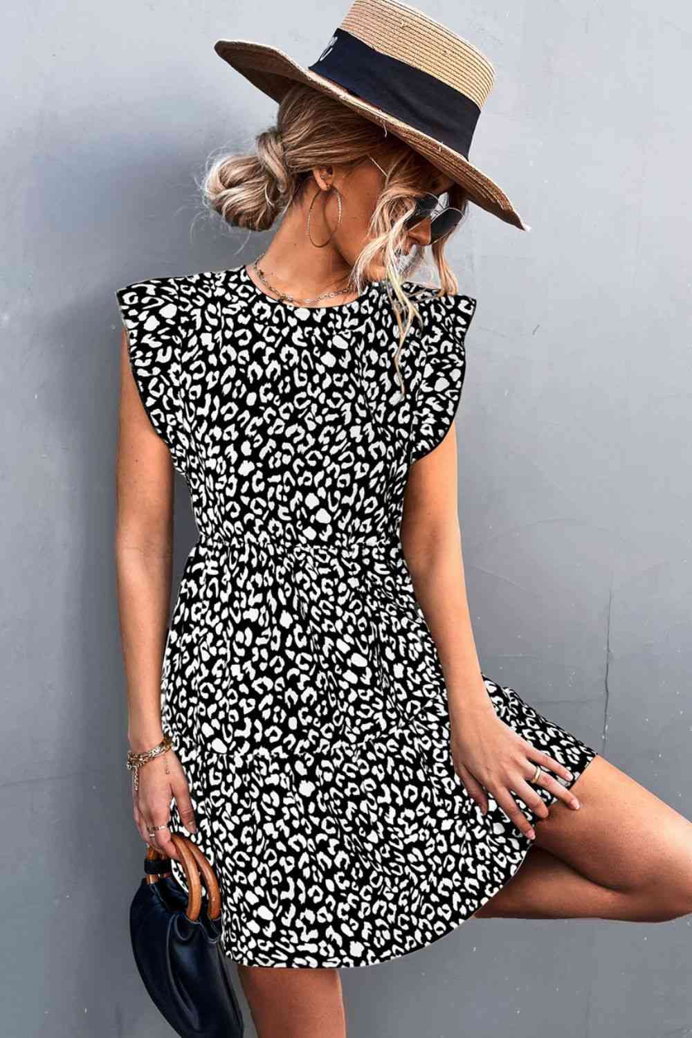 Leopard Round Neck Mini Dress - TRENDMELO