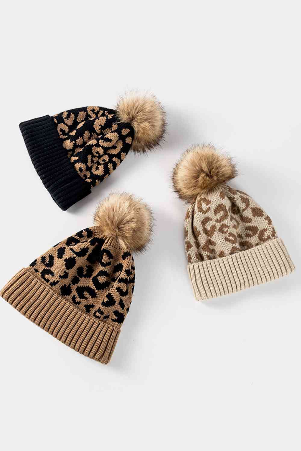 Leopard Pom-Pom Cuffed Beanie - TRENDMELO