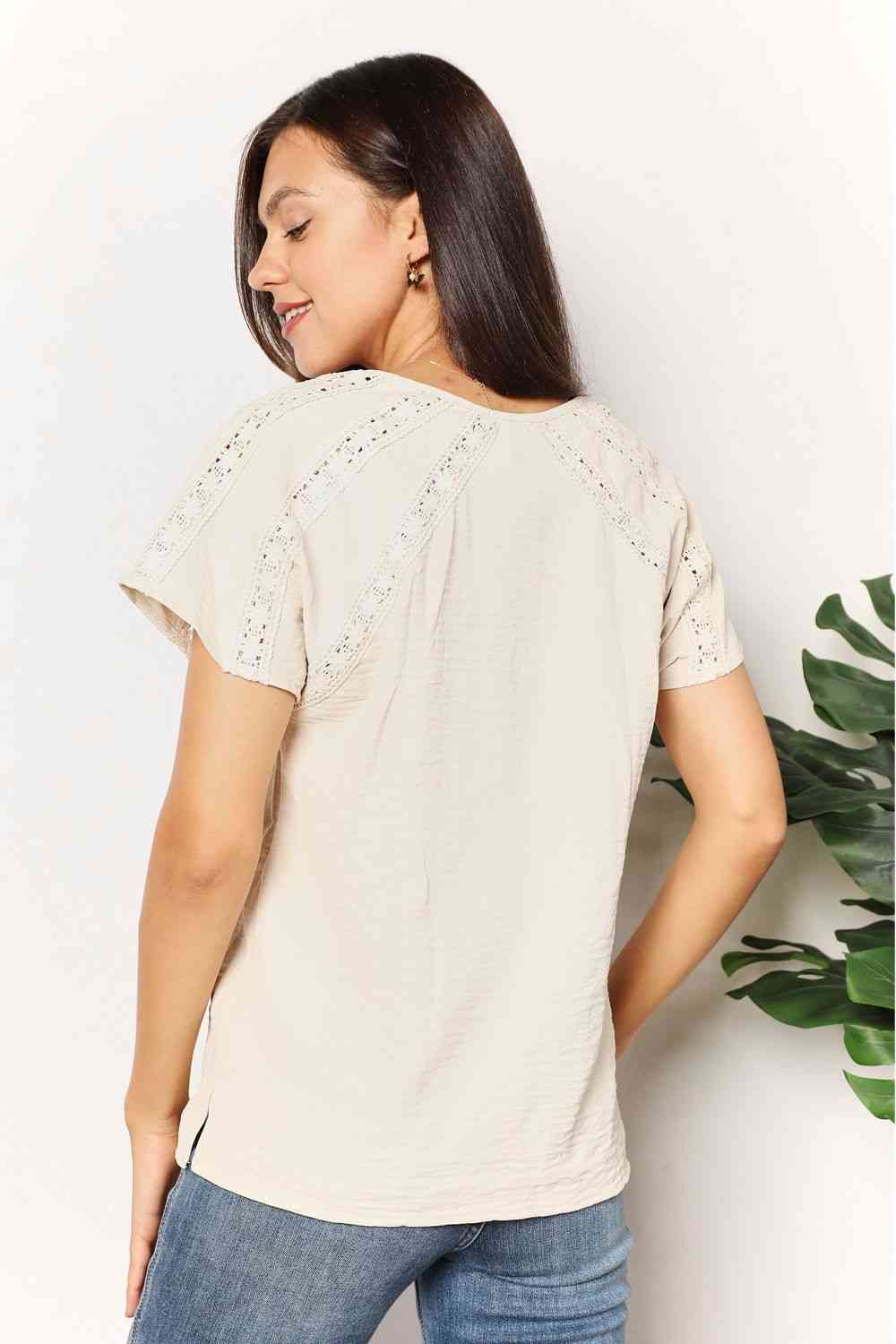 Double Take Crochet Buttoned Short Sleeves Top - TRENDMELO