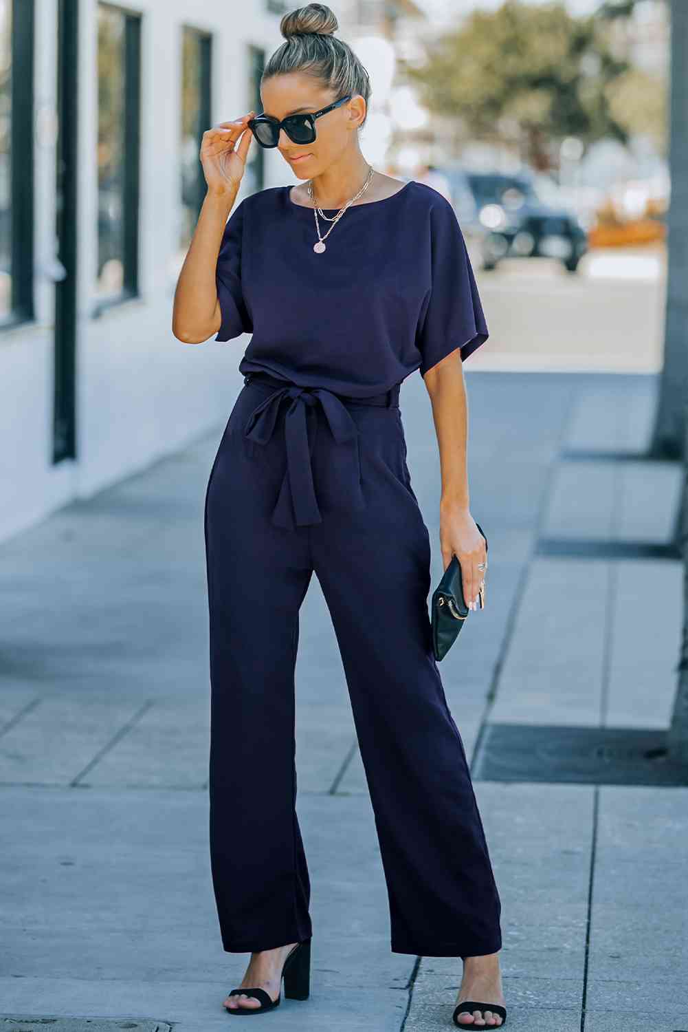 Full Size Tie Waist Straight Leg Jumpsuit - TRENDMELO