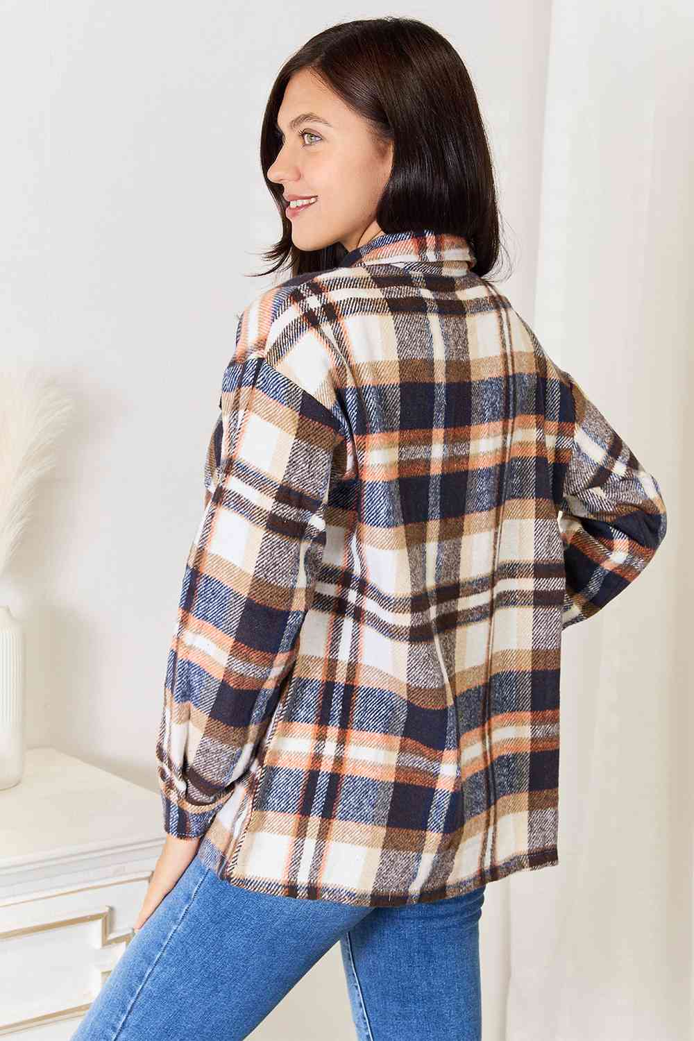 Double Take Plaid Button Front Shirt Jacket with Breast Pockets - TRENDMELO