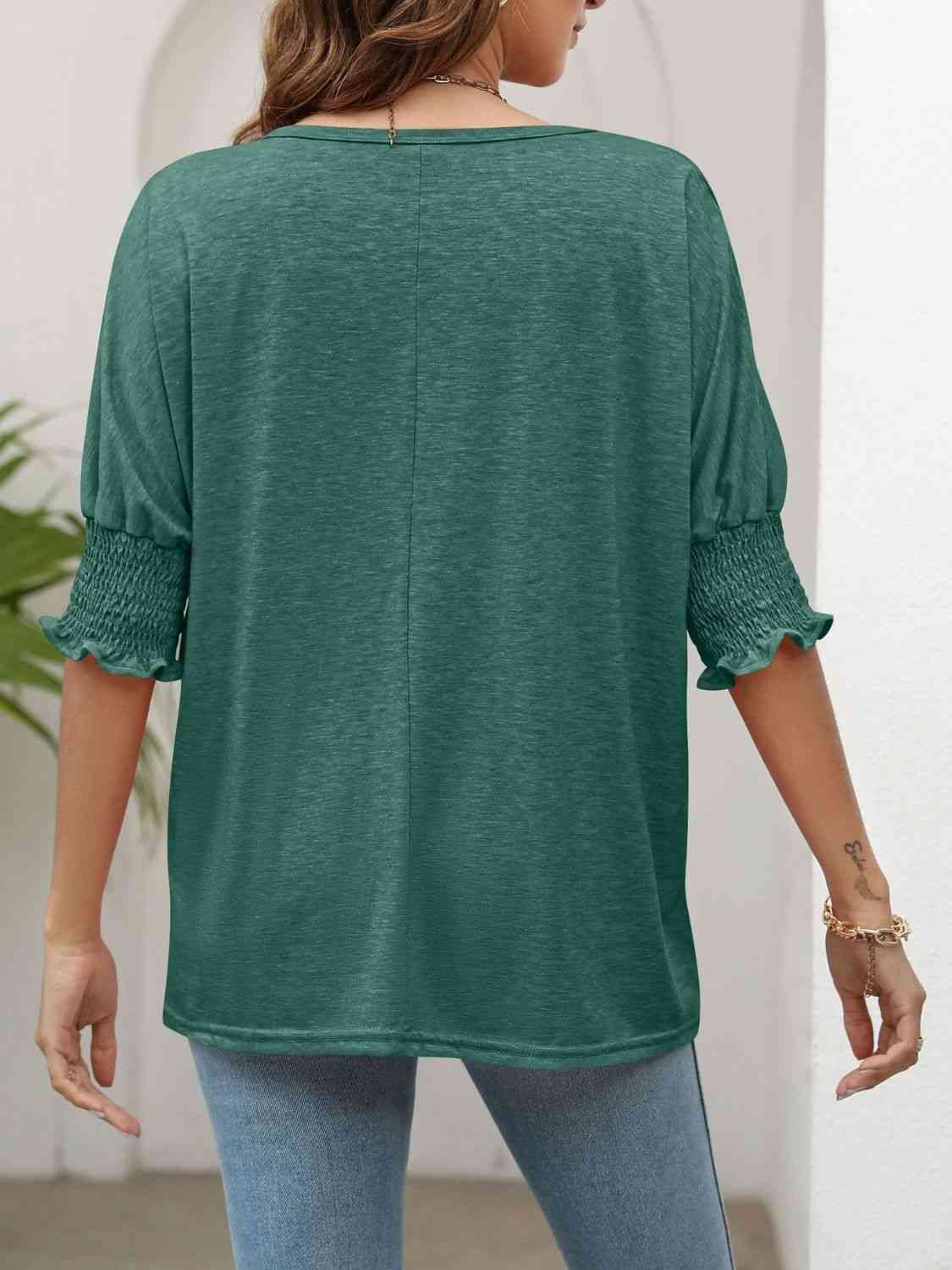 Smocked Flounce Sleeve Round Neck T-Shirt - TRENDMELO