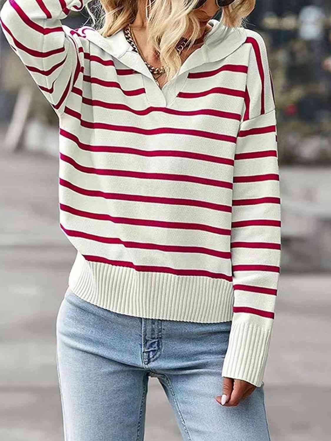 Striped Collared Neck Knit Top - TRENDMELO