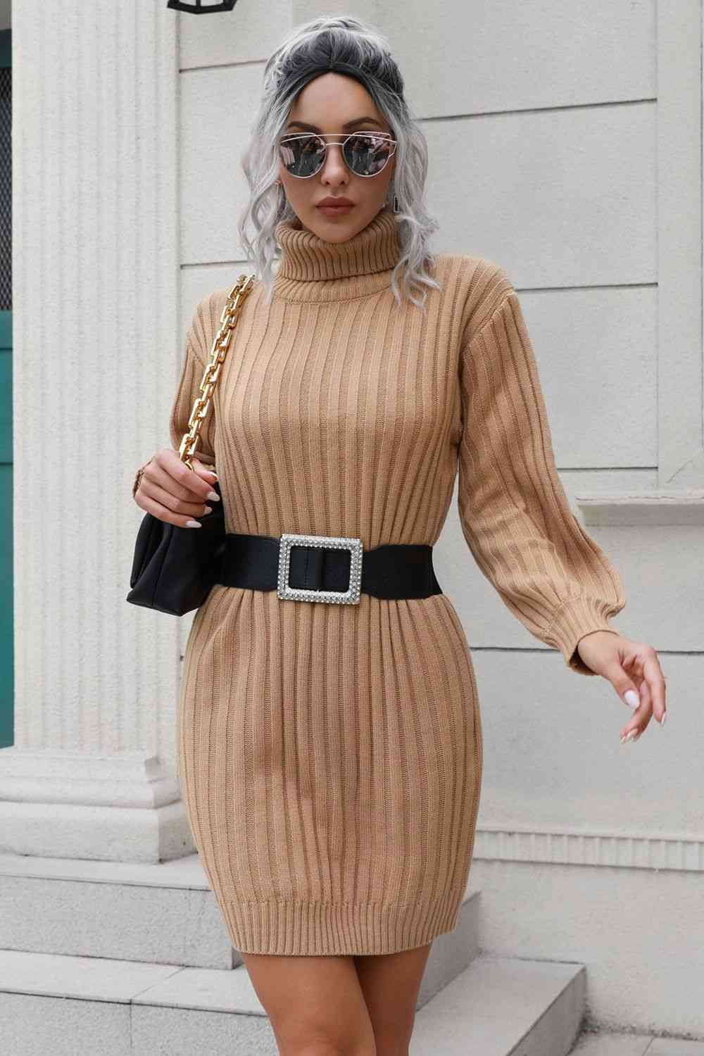 Ribbed Turtle Neck Long Sleeve Mini Sweater Dress - TRENDMELO