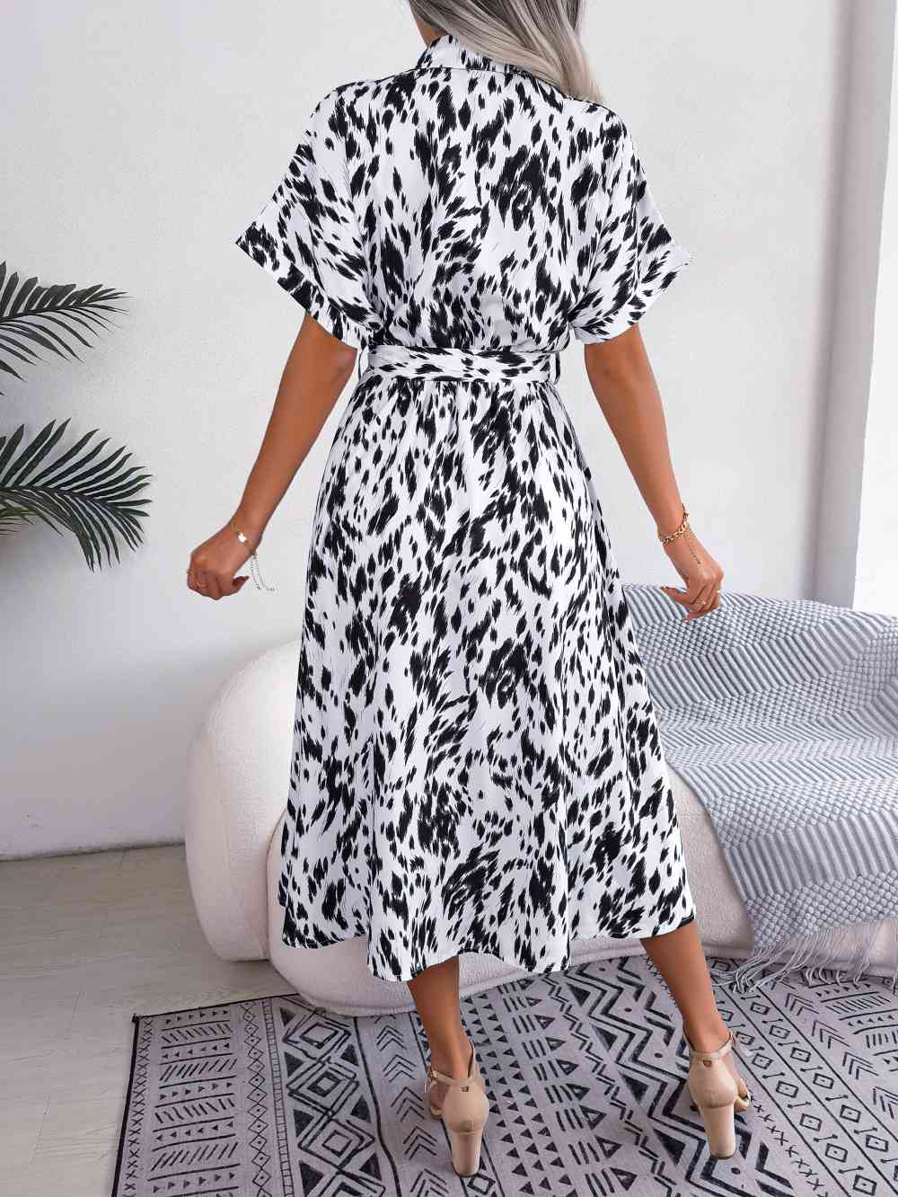 Printed Collared Neck Short Sleeve Tie Waist Dress - TRENDMELO