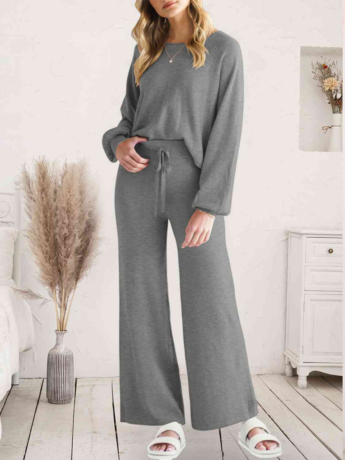 Long Sleeve Lounge Top and Drawstring Pants Set - TRENDMELO