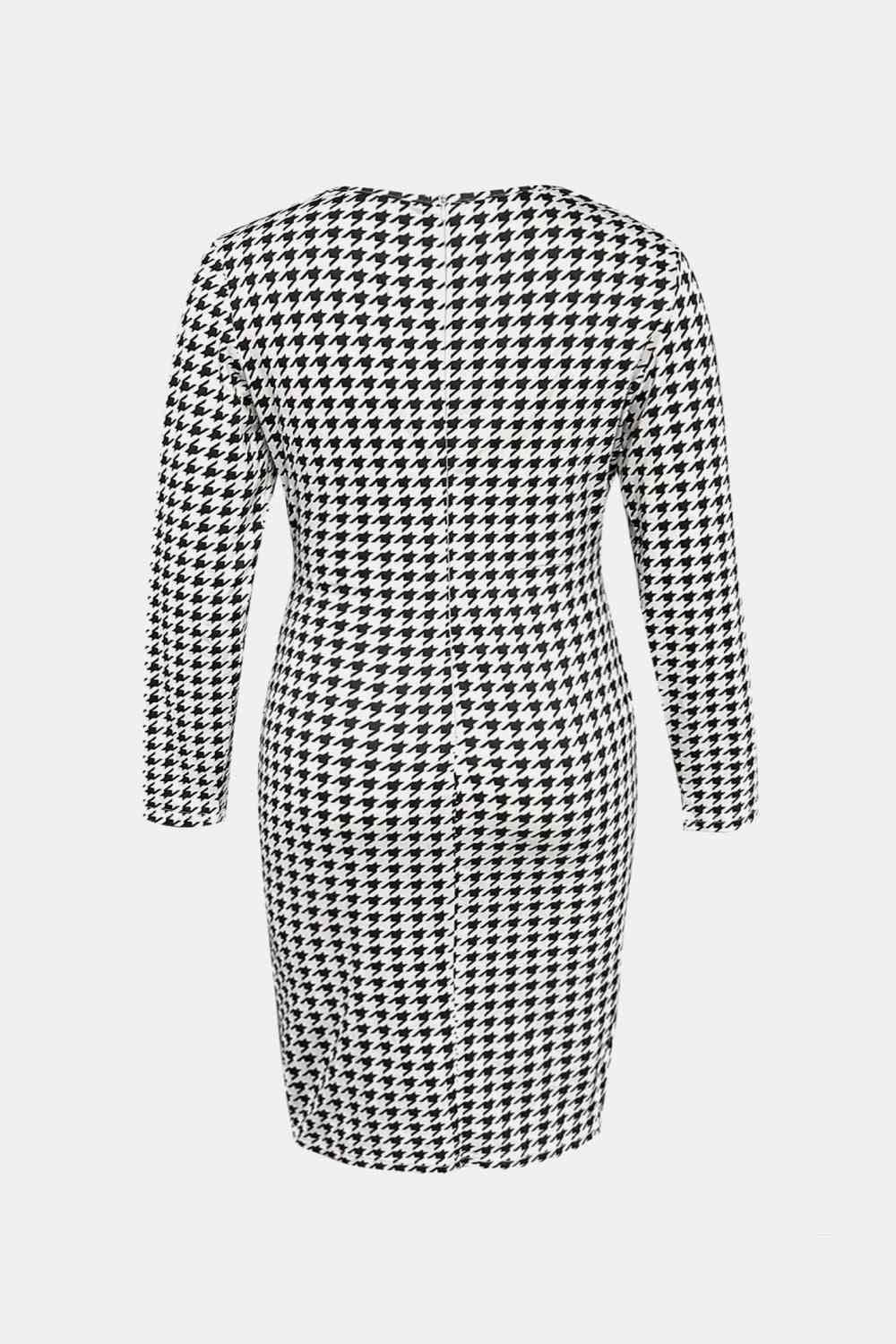 Plus Size Houndstooth Surplice Neck Long Sleeve Pencil Dress - TRENDMELO