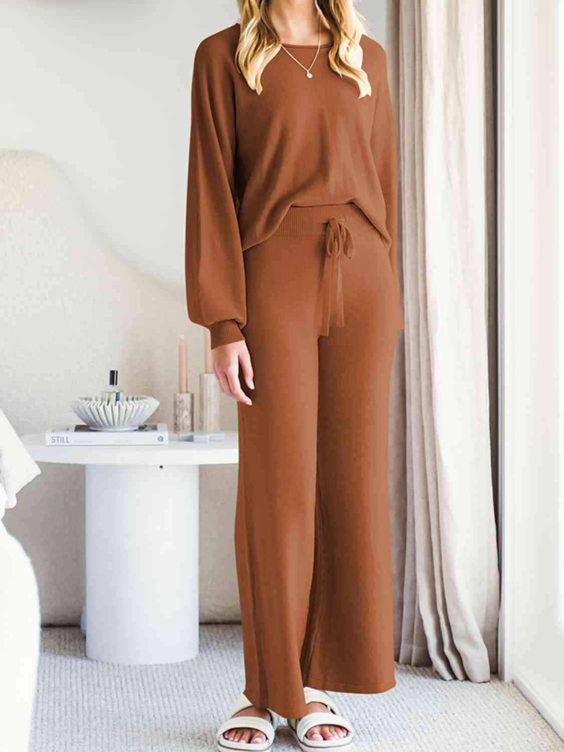 Long Sleeve Lounge Top and Drawstring Pants Set - TRENDMELO