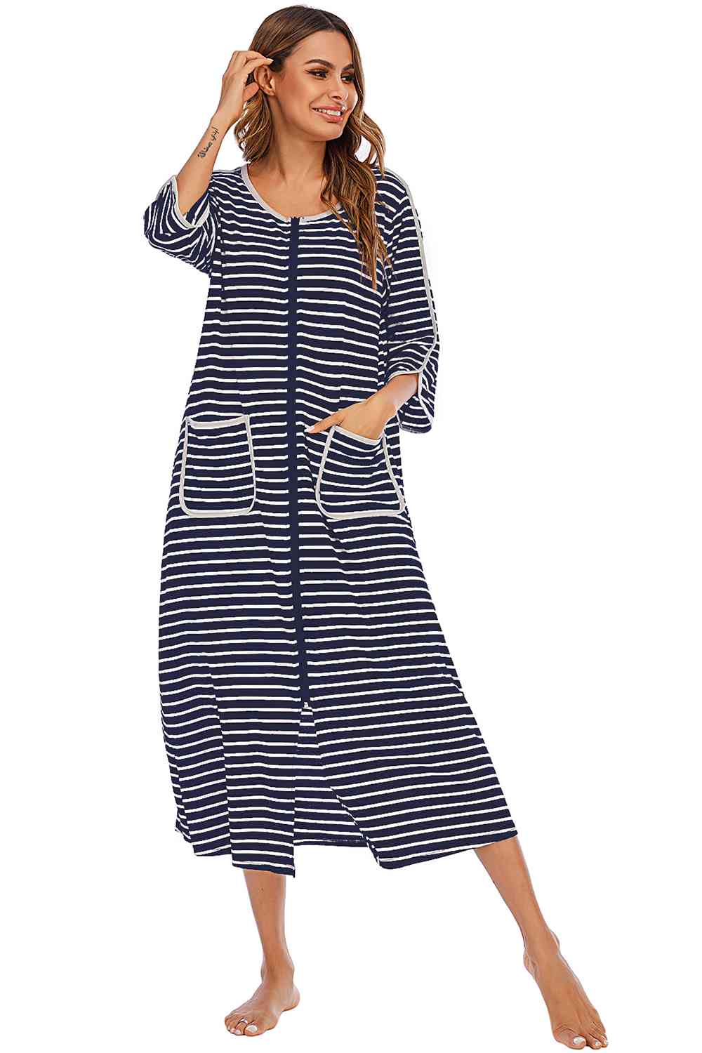 Round Neck Three-Quarter Sleeve Midi Night Dress - TRENDMELO