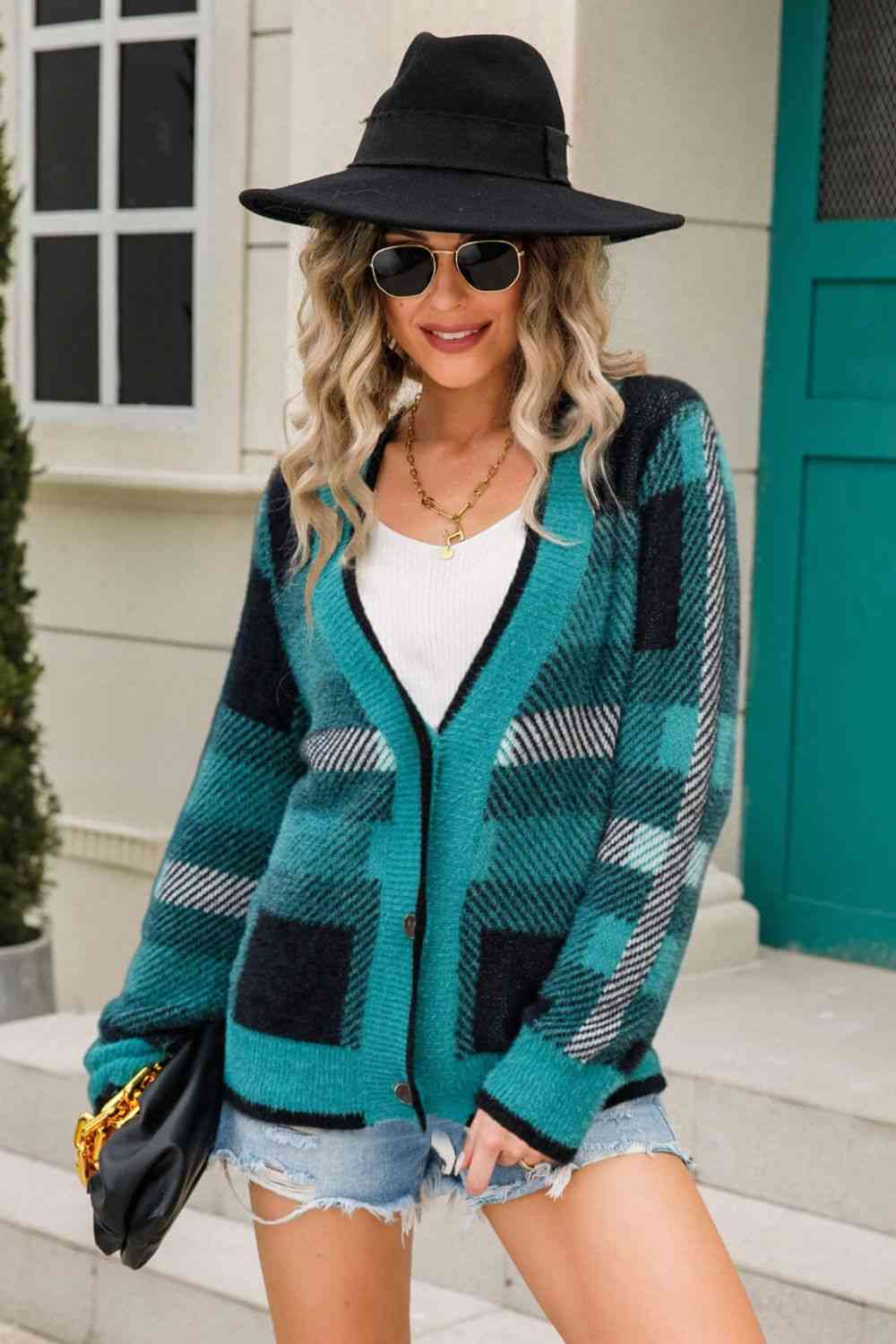 Striped Button-Front Fuzzy Cardigan - TRENDMELO