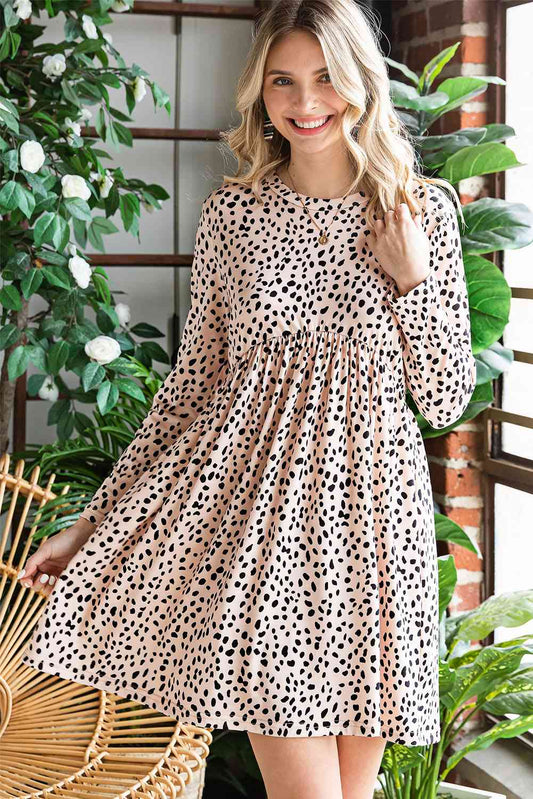 Printed Round Neck Long Sleeve Dress - TRENDMELO