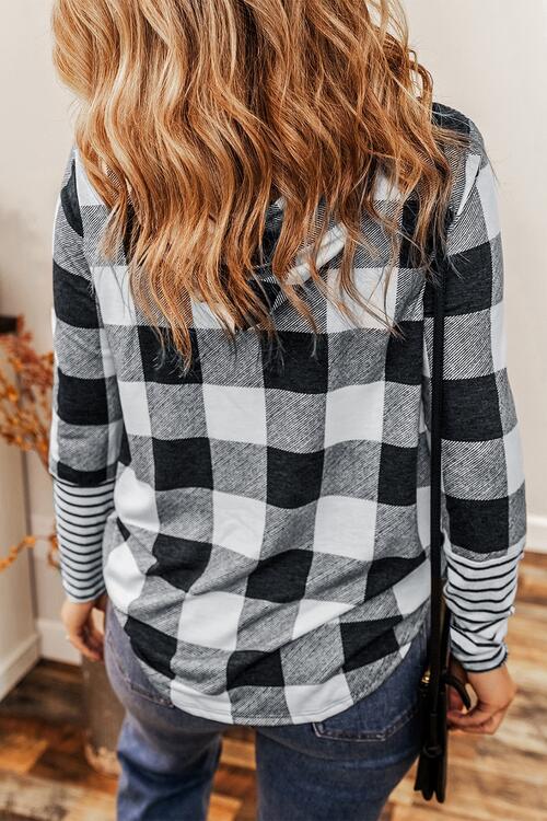 Plaid Drawstring Long Sleeve Hoodie - TRENDMELO