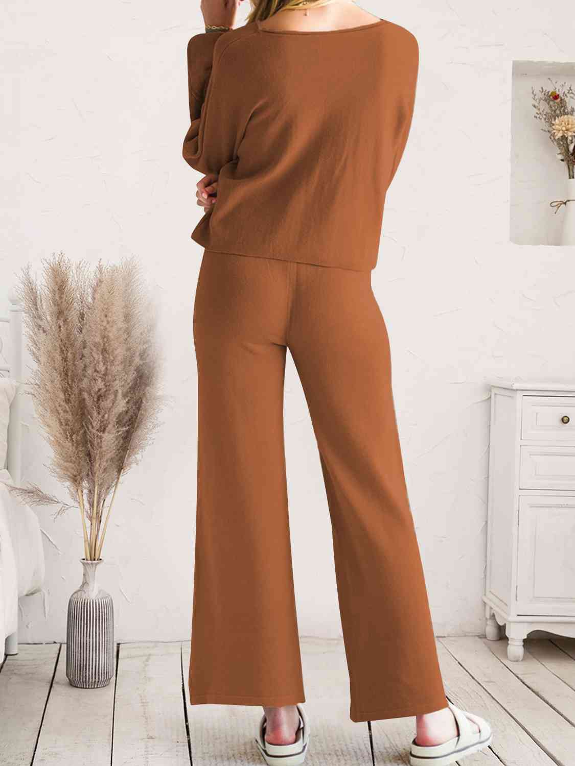 Long Sleeve Lounge Top and Drawstring Pants Set - TRENDMELO