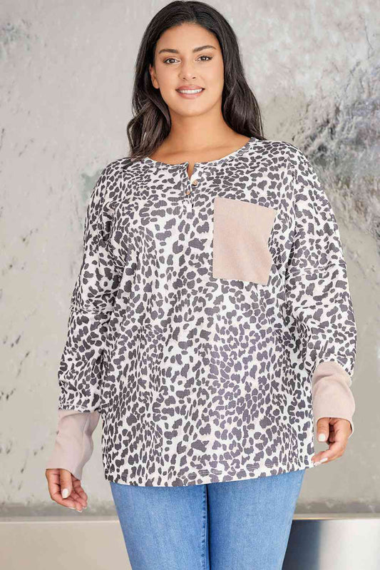 Plus Size Leopard Print Long Sleeve Sweatshirt - TRENDMELO