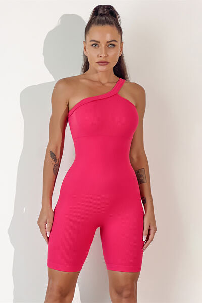 Asymmetrical Neck Wide Strap Active Romper - TRENDMELO