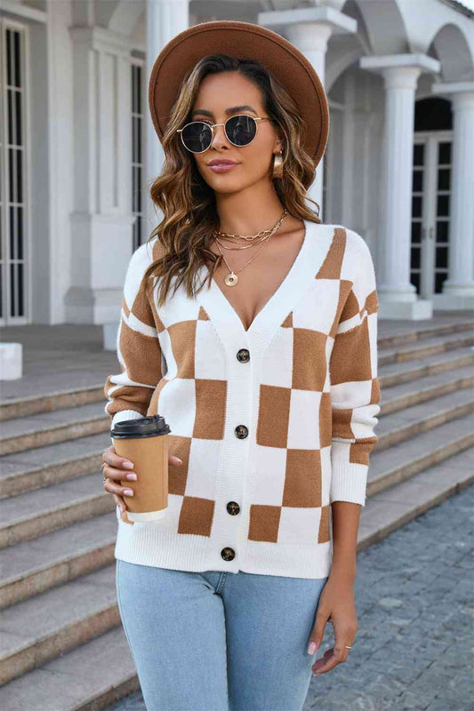 Button-Up V-Neck Dropped Shoulder Cardigan - TRENDMELO