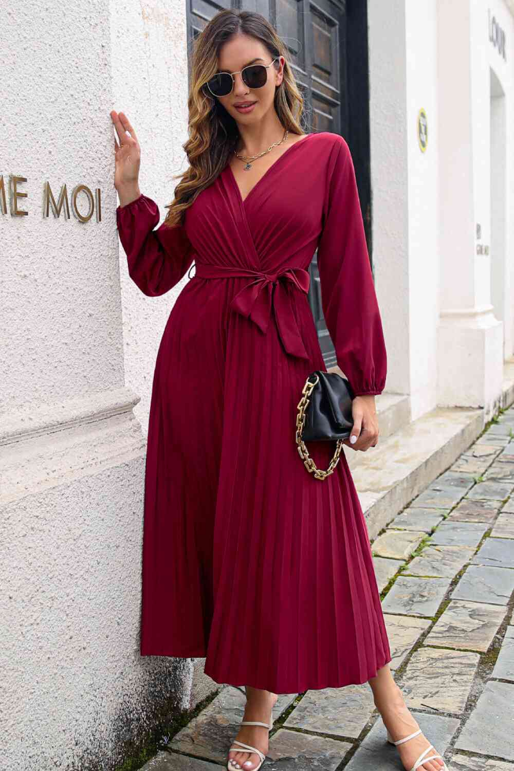 Pleated Long Sleeve Surplice Maxi Dress - TRENDMELO