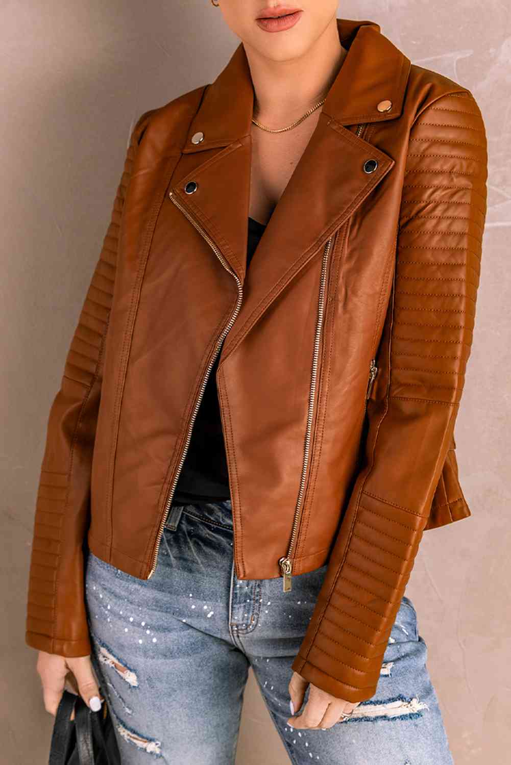 Ribbed Faux Leather Jacket - TRENDMELO