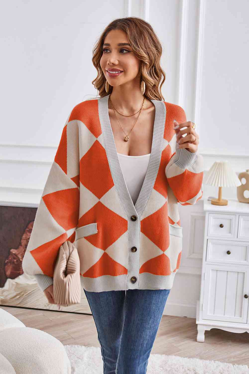 Geometric Lantern Sleeve Cardigan with Pockets - TRENDMELO