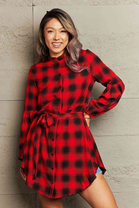 Plaid Tie Waist Balloon Sleeve Mini Dress - TRENDMELO