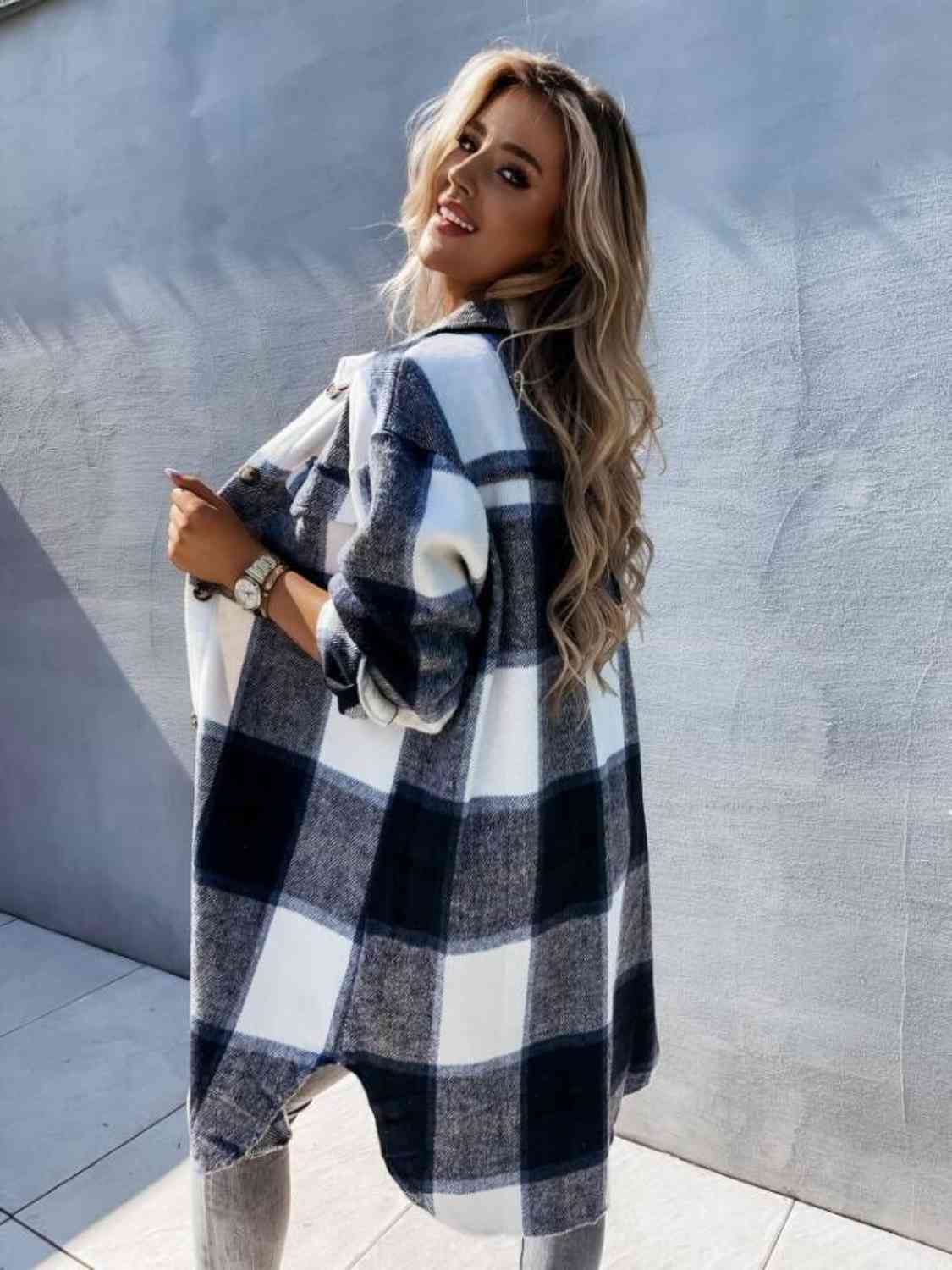 Plaid Collared Neck Longline Shirt - TRENDMELO