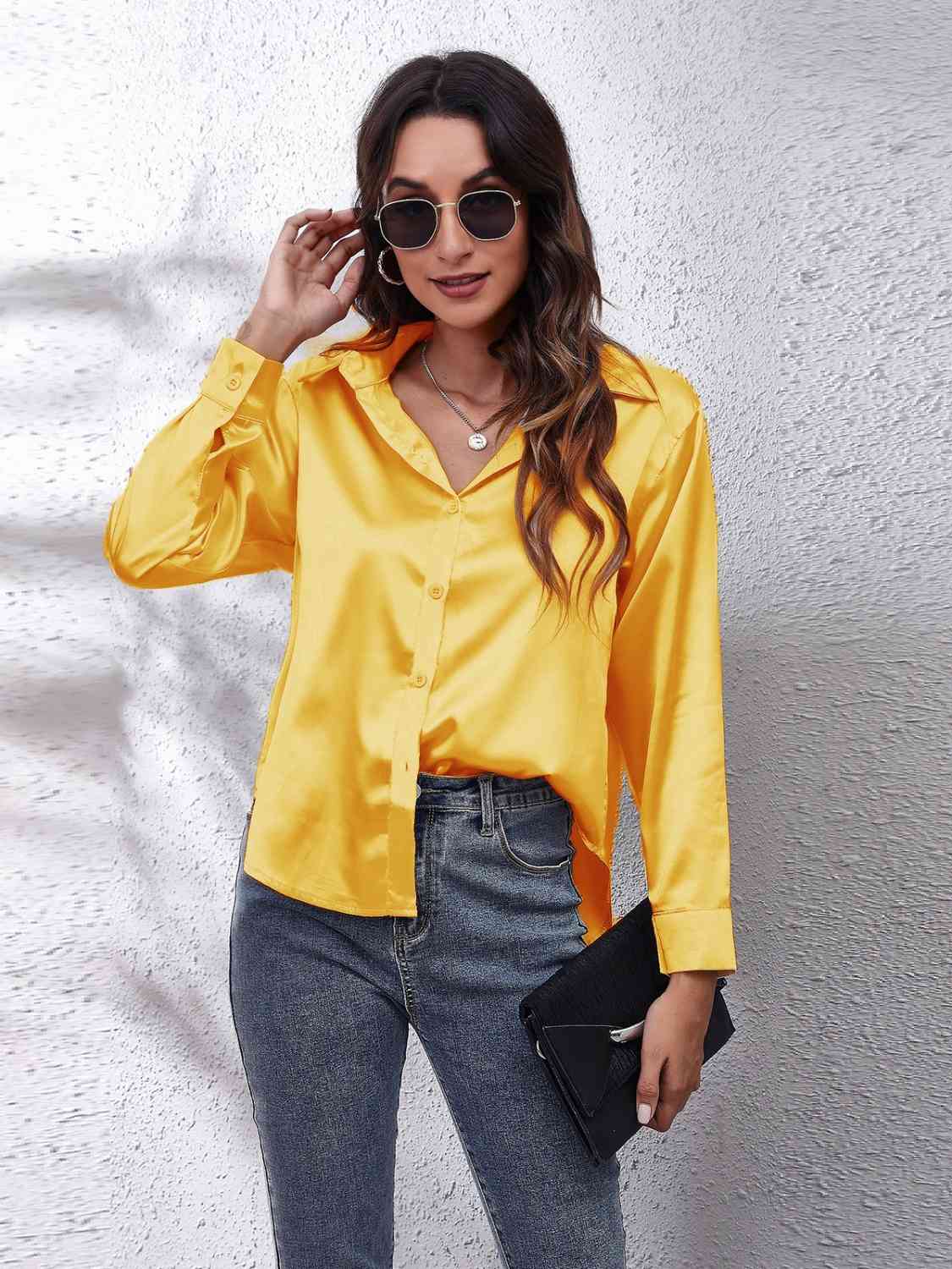 Collared Neck Buttoned Long Sleeve Shirt - TRENDMELO