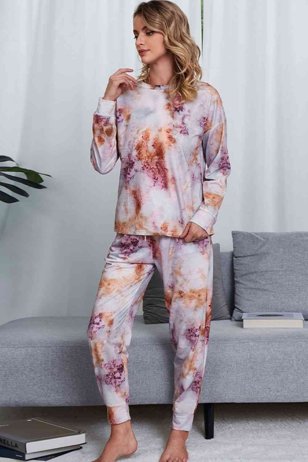 Tie-Dye Crewneck Top and Drawstring Waist Joggers Lounge Set - TRENDMELO