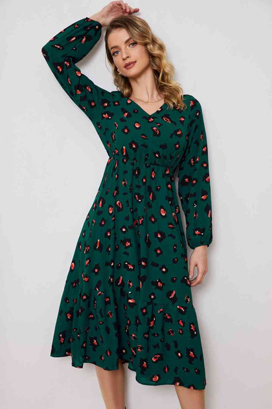 Printed Surplice Neck Long Sleeve Dress - TRENDMELO