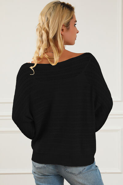 Openwork Boat Neck Lantern Sleeve Sweater - TRENDMELO