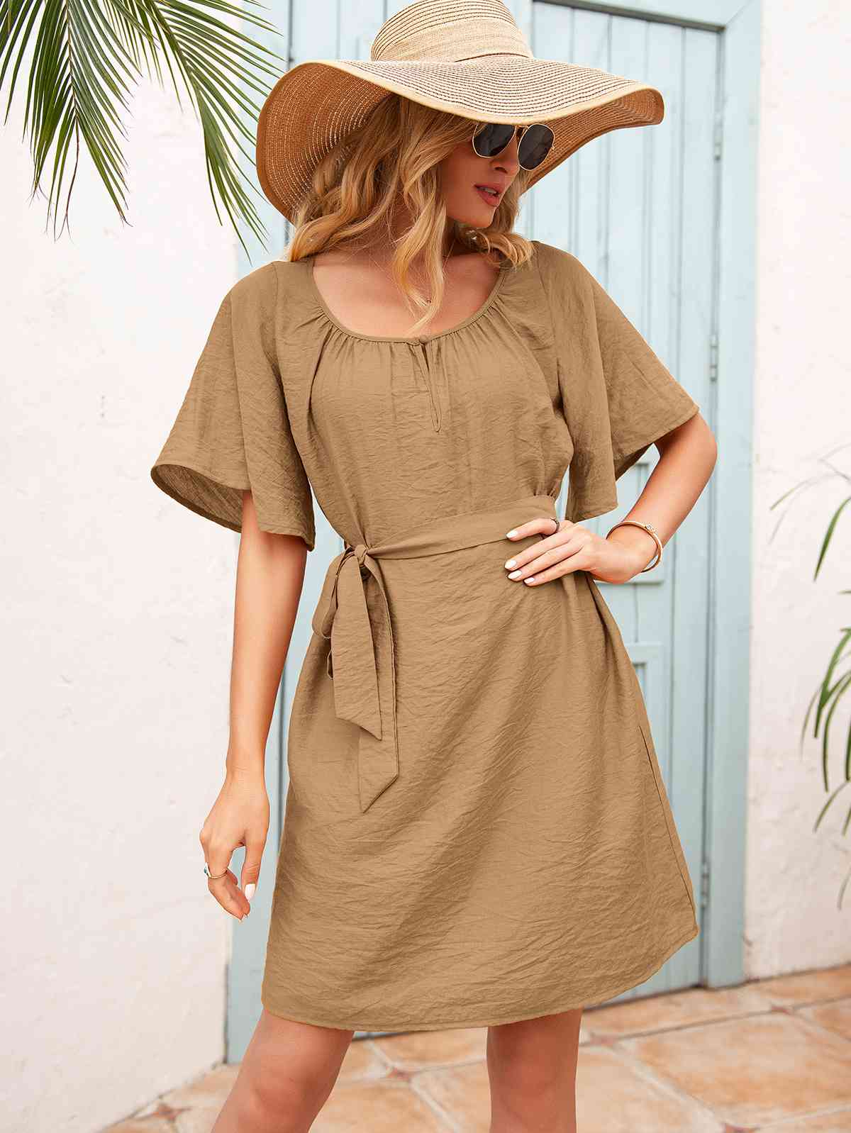 Tie Waist Flutter Sleeve Mini Dress - TRENDMELO