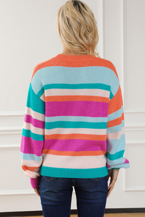 Striped Round Neck Long Sleeve Knit Top - TRENDMELO